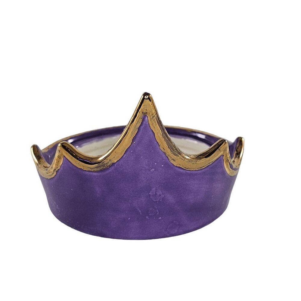 Purple Ceramic Crown Shaped Trinket Dish Gold Accents Unique Decorative Bowl
